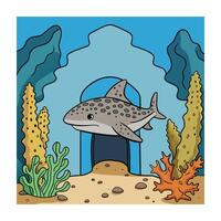 Cartoon Leopard Shark Illustration in Underwater Scene with Coral and Rocks vector