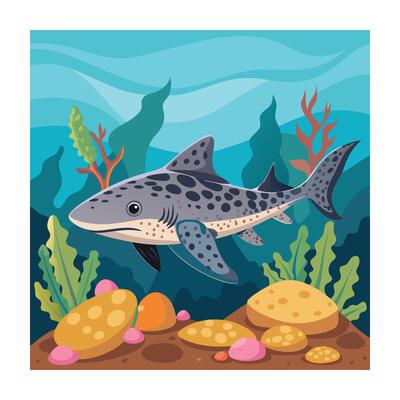 Cartoon Leopard Shark Underwater with Seaweed and Pebbles Illustration