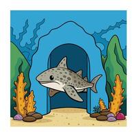 Leopard Shark Cartoon in Underwater Cave with Coral and Seaweed Illustration vector