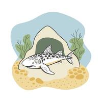 Leopard Shark Illustration Resting on the Ocean Floor with Cave and Plants vector