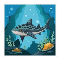 Cartoon Leopard Shark in the Ocean Depths with Seaweed and Rocks vector