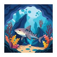 Leopard Shark in an Underwater Cave with Coral Reef, Flat Design vector