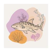 Leopard Shark Illustration with Seaweed and Abstract Shapes in Pastel Colors vector