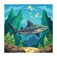 Cartoon Leopard Shark in Underwater Scene with Coral Reef and Bubbles vector