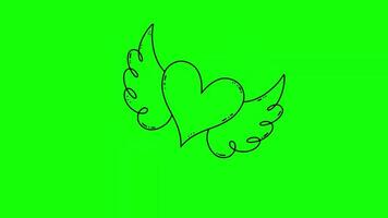 Doodle style heart icon with wings on a green chroma key background. video