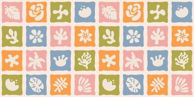 Seamless summer pattern in linocut, mosaic style. Hand drawn simple tropical elements, leaves, vines, flowers. summer print pattern vector