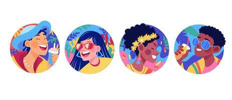 Set of flat happy people with tropical background. smiling characters, man with cocktail. Templates for party vector