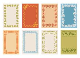 Summer frames in linocut style. Hand drawn tropical leaves, trees for borders. summer posters vector