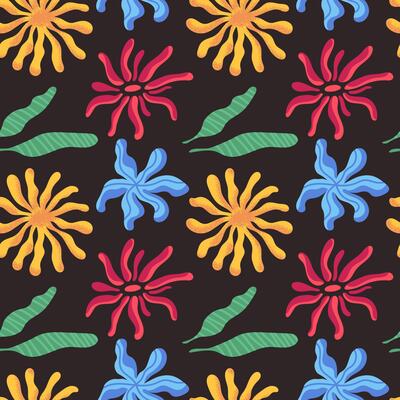 Seamless pattern with hand drawn botanical elements. Tropical brightly colored elements. Printed pattern for fabric, scrapbooking