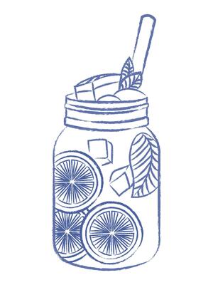 Summer lemonade in glass jar. Sweet fresh drink with citrus slices, tube and ice cubes. pen drawn vintage element