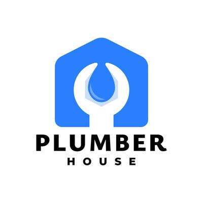 illustration of a house with a wrench shape and water drop shape. logo template for plumbing company. plumber logo.
