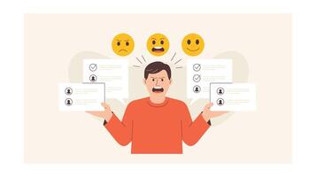 Overwhelmed Man with Tasks and Emotion Icons A Illustration vector