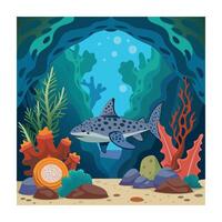 Leopard Shark Illustration with Coral Reef and Ocean Cave Background vector