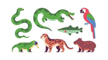 Cartoon Amazon Rainforest Animals Snake, Alligator, Fish, Parrot, Jaguar, and Capybara vector