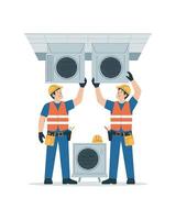 Hvac technicians installing ceiling mounted air conditioning units vector