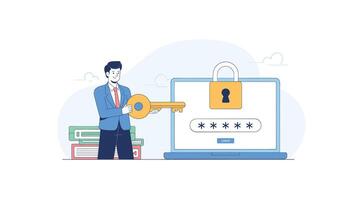 Data Security Illustration Man with Key Unlocking Laptop with Password Protection vector