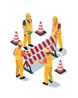 Isometric Road Workers Setting Up Barriers and Traffic Cones for Construction vector