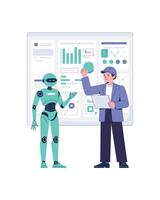 Human and Robot Collaboration Analyzing Data on Dashboard Screen, AI Assistance vector
