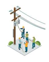 Isometric View Utility Workers Installing Fiber Optic Cables on a Power Pole vector