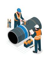 Isometric Pipeline Inspection Workers Checking a Large Pipe with Testing Equipment vector