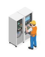 Isometric View of an Electrician Working on a Control Panel Enclosure vector