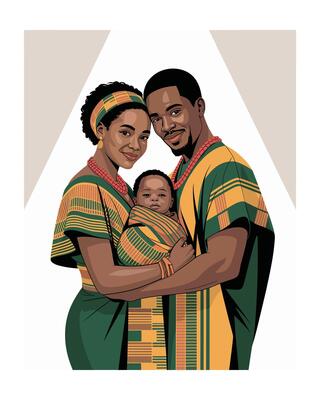 Happy African Family Portrait in Traditional Clothing with Baby