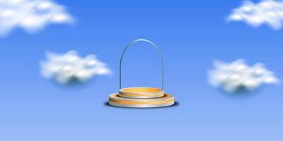 3D Floating Podium with Blue Sky and Cloud Background vector