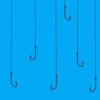 illustration of a collection of fishing hooks of different sizes inserted into the water. Fish trap in the blue sea. vector