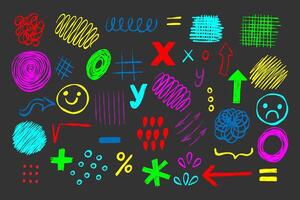 Collection of hand drawn abstract bright colorful pencil scribbles, messy strokes and lines isolated on dark background vector