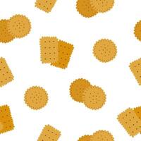 Seamless pattern featuring hand drawn square and round crackers scattered across a clean white background. Simple and tasty bakery inspired design. Flat illustration vector