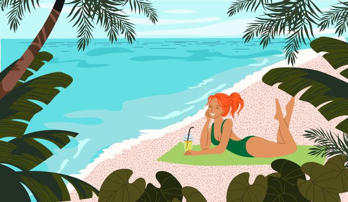 Concept of a redhead woman with cocktail under palm trees by the sea, in flat design style.