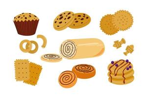 Flat cartoon style illustration of various isolated set of baked goods, including a bun, cracker, cookie, pretzel, biskuitrolle and muffin . All elements are hand drawn on a white background. vector