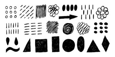 Collection of hand drawn black color abstract stroke and scribbles pencil for creative backgrounds, textures, or artistic compositions on white. vector