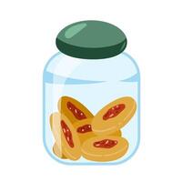 Flat illustration of a hand drawn glass jar filled with cookies featuring jam. Isolated on white background vector