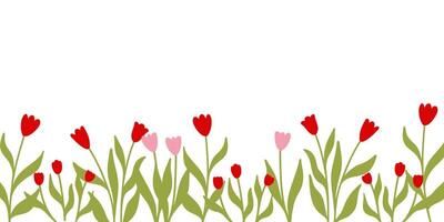 Horizontal backdrop with simple red and pink flowers on white, flat style illustration vector