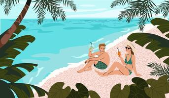 Concept of a couple with cocktails under palm trees by the sea, in flat design style. vector