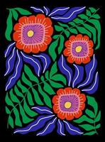 Flat Illustration inspired by Henri Matisses cut out style, featuring bold abstract red flowers with green and blue leaves in vibrant colors, hand drawn and arranged on a black background. vector