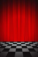 red curtain background and black and white checkered floor vector