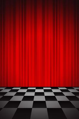 red curtain background and black and white checkered floor