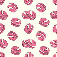 Creme pattern with pink macaroons. Strawberry delicious cookies with cream filling. vector