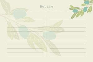 Horizontal blank recipe card template with olive branch. Vintage old paper style, scrapbooking. vector