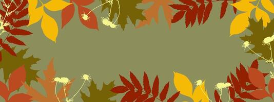 Horizontal autumn frame, border bright leaves on green background. vector