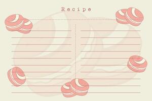 Horizontal blank recipe card template with macaroons cookies. Vintage old paper style, scrapbooking. vector