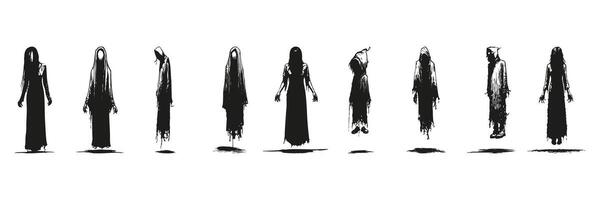 Ghostly Figures In Silhouette Set. Horror And Supernatural Theme Collection. Halloween And Spooky Design Use. Isolated Illustration vector