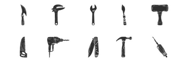 Hand Tools Silhouette Set. Vintage Woodcut Style Illustrations Of Various Tools For Diy And Craftsmanship. Isolated Illustration Collection vector