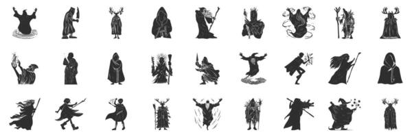 Silhouettes Of Fantasy Wizards And Mystical Figures Set. Magical Characters And Enchanted Beings Isolated Illustration Collection vector