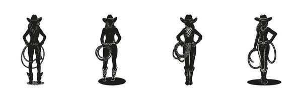 Cowgirl Silhouettes In Icon Set. Western Lifestyle And Rodeo Theme Collection. Cultural And Entertainment Use. Isolated Illustration vector