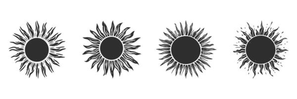 Sunburst Designs Silhouette Set. Artistic Sun Symbol Variations For Creative Projects Isolated Illustration Collection vector