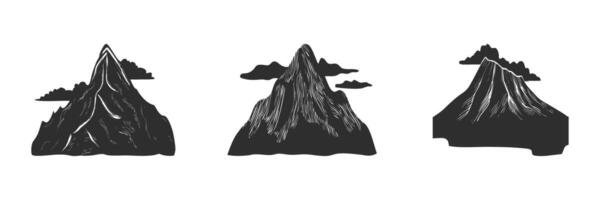 Mountain Silhouettes With Clouds Set. Nature And Adventure Themes In Black And White Isolated Illustration Collection vector