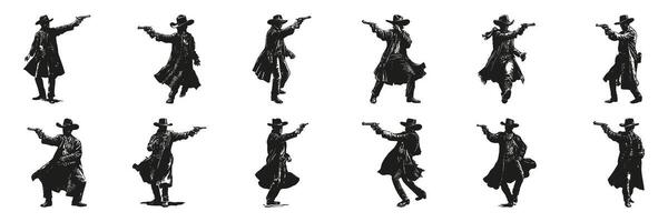 Cowboy Gunfighter Silhouettes In Icon Set. Western Action And Adventure Theme Collection. Entertainment And Historical Use. Isolated Illustration vector